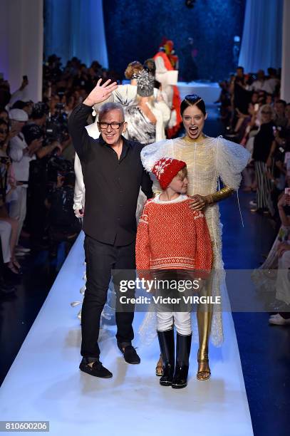 Designer Jean Paul Gaultier and Coco Rocha walk the runway during the Jean Paul Gaultier Haute Couture Fall/Winter 2017-2018 show as part of Haute...