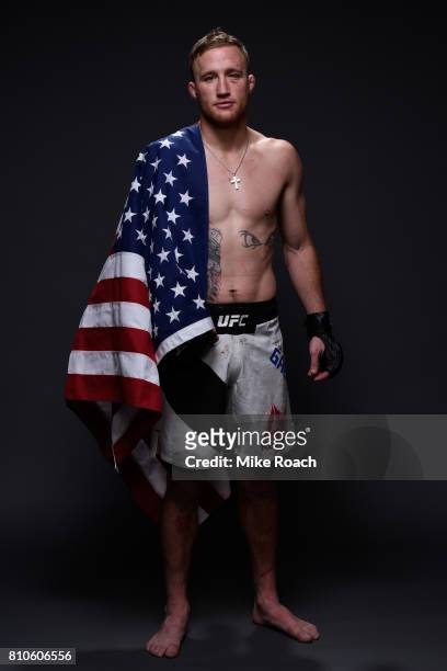 Justin Gaethje poses for a portrait backstage after his victory over Michael Johnson during The Ultimate Fighter Finale at T-Mobile Arena on July 7,...