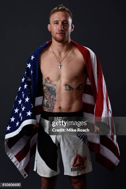 Justin Gaethje poses for a portrait backstage after his victory over Michael Johnson during The Ultimate Fighter Finale at T-Mobile Arena on July 7,...