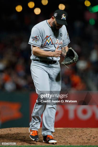 Dustin McGowan of the Miami Marlins celebrates after the game against the San Francisco Giants at AT&T Park on July 7, 2017 in San Francisco,...