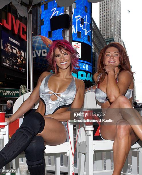 American Gladiators Jennifer Widerstrom and Valerie Waugaman attend NBC's 'American Gladiators' summer barbecue at Military Island, Times Square, on...