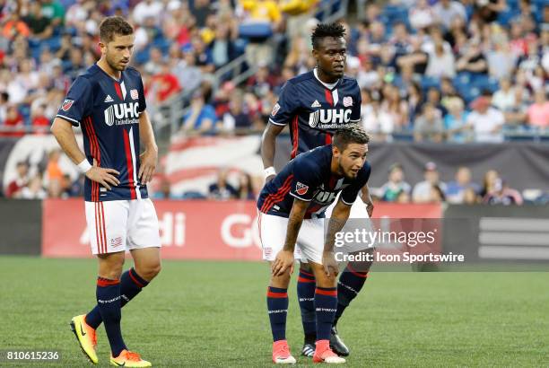 New England Revolution midfielder Chris Tierney , New England Revolution midfielder Diego Fagundez and New England Revolution midfielder Gershon...