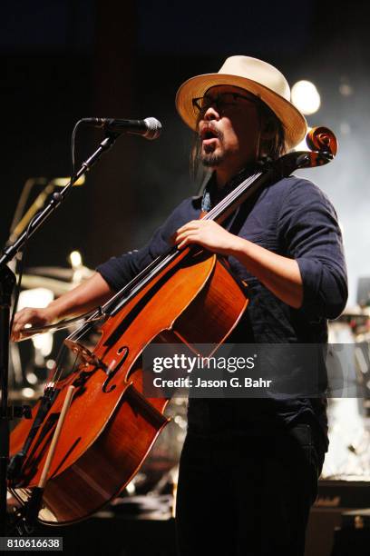 Joe Kwon of The Avett Brothers performs at Red Rocks Amphitheatre on July 7, 2017 in Morrison, Colorado.