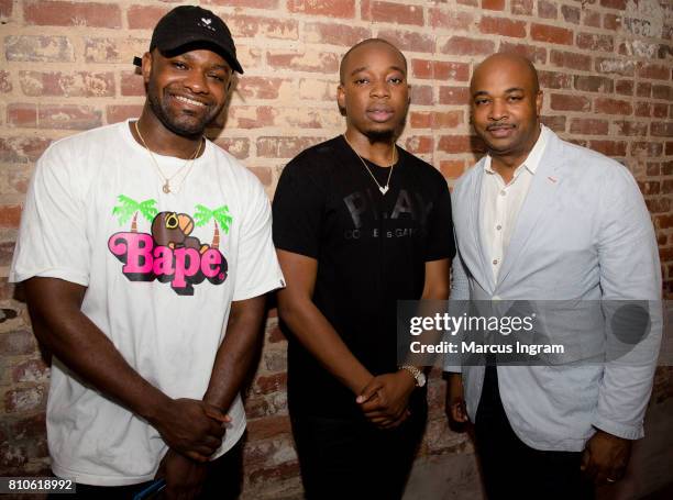 Sean Famoso, Tunde Balagun, and Kwanza Hall attend LVRN Studios Lanuch: Kids Against Cubicles on July 7, 2017 in Atlanta, Georgia.