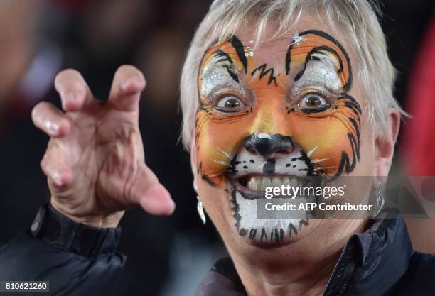 British and Irish Lions fan attends the third rugby union Test match between the British and Irish Lions and New Zealand All Blacks at Eden Park in...