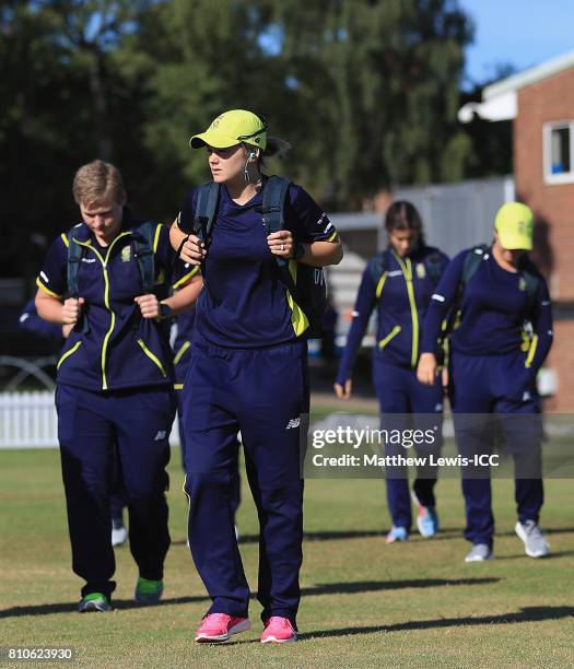 Dane van Niekerk, captain of South Africa arrives with her team ahead of the ICC Women's World Cup 2017 match between South Africa and India at Grace...