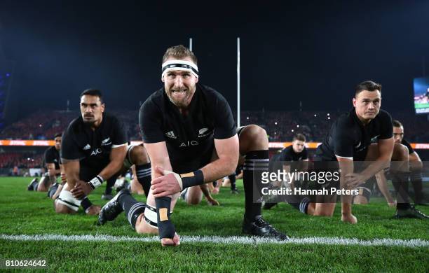 Kieran Read of the All Blacks and his team perform the Haka prior to kickoff during the third test match between the New Zealand All Blacks and the...