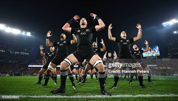 Kieran Read of the All Blacks and his team perform the Haka prior to kickoff during the third test match between the New Zealand All Blacks and the...