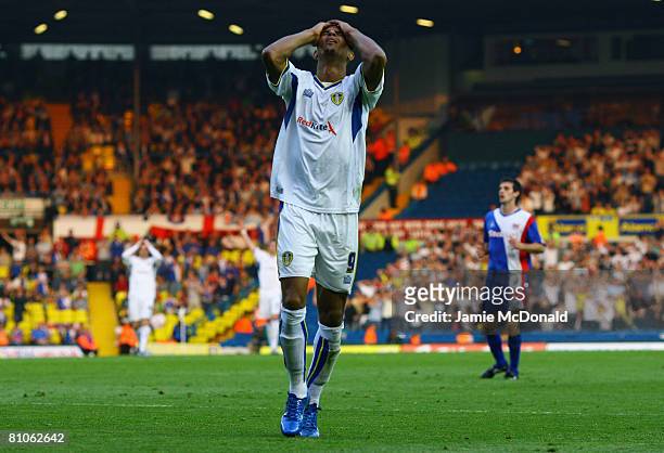 Jermaine Beckford of Leeds rues a missed chance during the League 1 Playoff Semi Final, 1st Leg match between Leeds United and Carlisle United at...