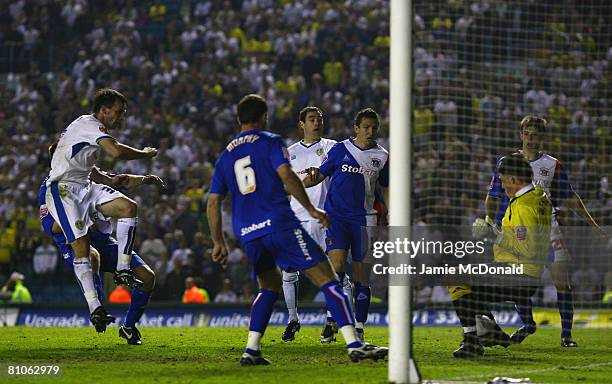 Dougie Freedman scores for Leeds during the League 1 Playoff Semi Final, 1st Leg match between Leeds United and Carlisle United at Elland Road on May...