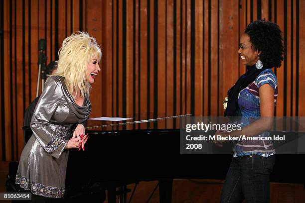 American Idol contestant Syesha Mercado rehearses in the studio with country singer Dolly Parton on March 29, 2008 in Los Angeles, California.