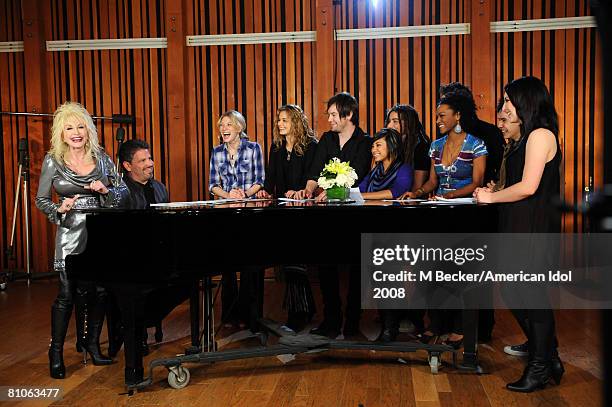 American Idol contestants Brooke White, David Cook, Kristy Lee Cook, Michael Johns, Jason Castro, Ramiele Malubay, and Syesha Mercado rehearses in...