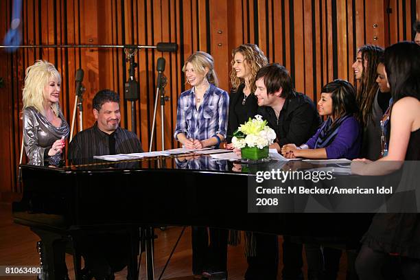 American Idol contestants Brooke White, David Cook, Kristy Lee Cook, Michael Johns, Jason Castro, Ramiele Malubay, and Syesha Mercado rehearses in...