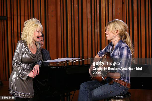 American Idol contestant Brooke White rehearses in the studio with country singer Dolly Parton on March 29, 2008 in Los Angeles, California.