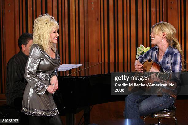 American Idol contestant Brooke White rehearses in the studio with country singer Dolly Parton on March 29, 2008 in Los Angeles, California.