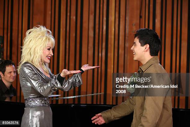 American Idol contestant David Archuleta rehearses in the studio with country singer Dolly Parton on March 29, 2008 in Los Angeles, California.