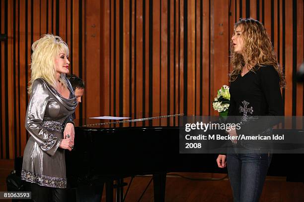 American Idol contestant Kristy Lee Cook rehearses in the studio with country singer Dolly Parton on March 29, 2008 in Los Angeles, California.