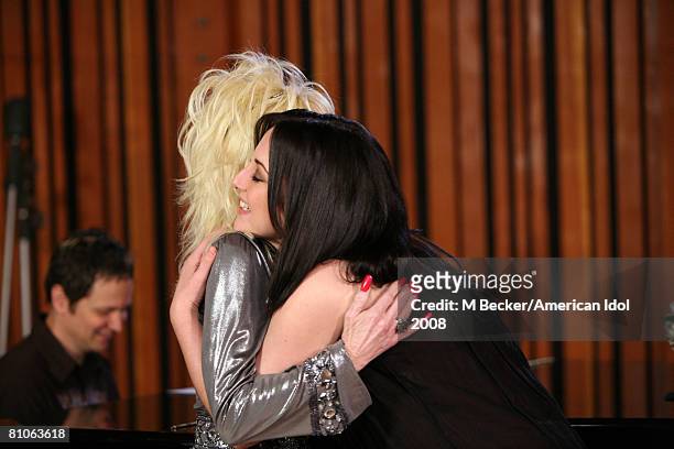 American Idol contestant Carly Smithson rehearses in the studio with country singer Dolly Parton on March 29, 2008 in Los Angeles, California.