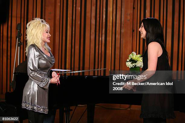 American Idol contestant Carly Smithson rehearses in the studio with country singer Dolly Parton on March 29, 2008 in Los Angeles, California.