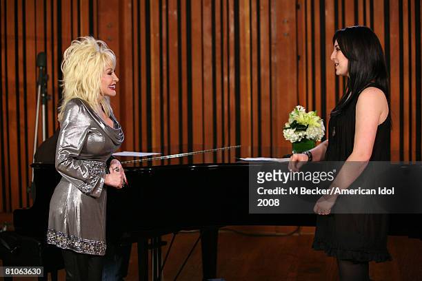American Idol contestant Carly Smithson rehearses in the studio with country singer Dolly Parton on March 29, 2008 in Los Angeles, California.