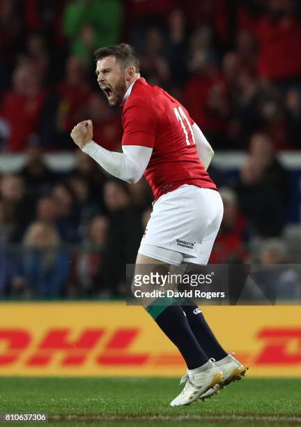 Elliot Daly of the Lions celebrates after kicking a long range penalty during the third test match between the New Zealand All Blacks and the British...