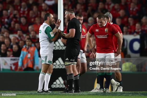 Kieran Read of the All Blacks remonstrates with Referee Romain Poite of France, after he awards a scrum rather than a penalty in the last minute...