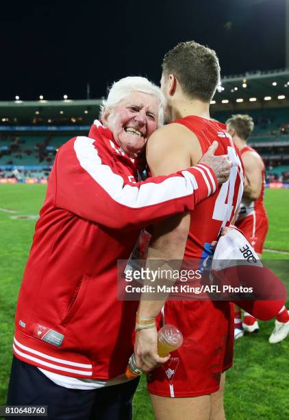 Kenny Williams celebrates with Tom Papley of the Swans after the round 16 AFL match between the Sydney Swans and the Gold Coast Suns at Sydney...
