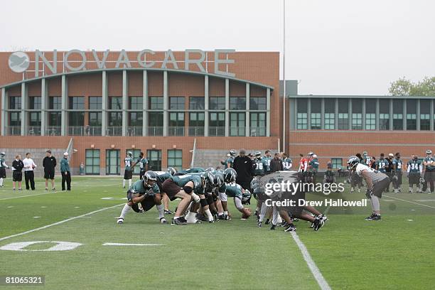 The Philadelphia Eagles offense and defense line up during mini camp on May 3, 2008 at the NovaCare Complex in Philadelphia, Pennsylvania.