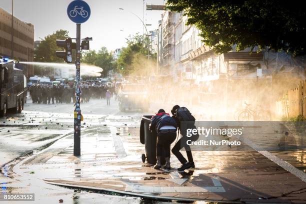 Anti-G20 Summit protesters during clashes with riot police on July 7, 2017 in Hamburg, Germany. Authorities are braced for large-scale and disruptive...