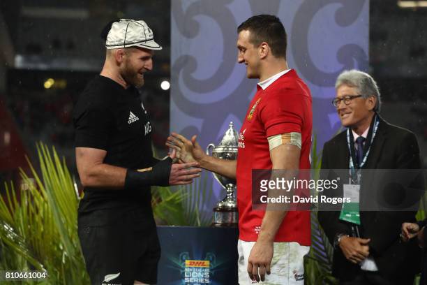 Opposing captains Kieran Read of the All Blacks and Sam Warburton of the Lions shake hands following a drawn series during the third test match...