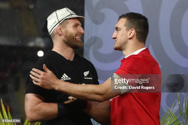 Opposing captains Kieran Read of the All Blacks and Sam Warburton of the Lions shake hands following a drawn series during the third test match...