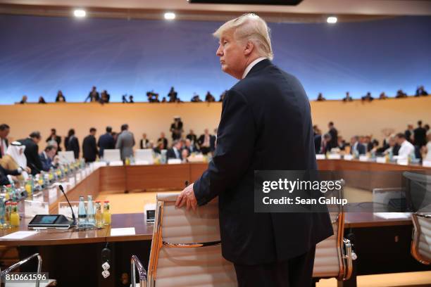 President Donald Trump arrives for the morning working session on the second day of the G20 economic summit on July 8, 2017 in Hamburg, Germany. G20...