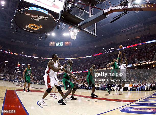 LeBron Jammes of the Cleveland Cavaliers attempts a shot against Paul Pierce of the Boston Celtics in Game Four of the 2008 NBA Eastern Conference...