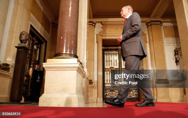 First Mayor of Hamburg Olaf Scholz arrives at the Hamburg Town Hall prior to the partner program of G20 summit on the second day of the G20 summit on...