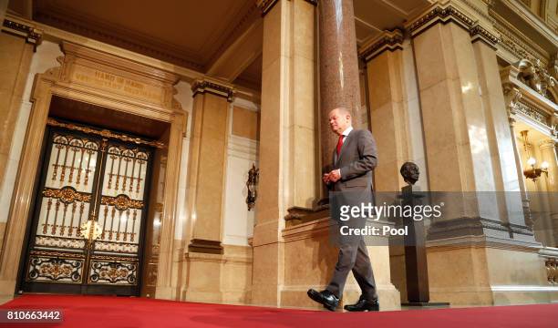 First Mayor of Hamburg Olaf Scholz arrives at the Hamburg Town Hall prior to the partner program of G20 summit on the second day of the G20 summit on...