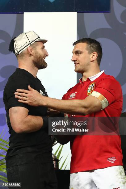 All Black captain Kieran Read and Lions captain Sam Warburton following the drawn Test match between the New Zealand All Blacks and the British &...