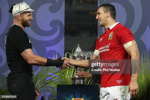 All Black captain Kieran Read and Lions captain Sam Warburton following the drawn Test match between the New Zealand All Blacks and the British &...