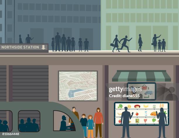 people using smart technology to order groceries while waiting for the train - man vr headset stock illustrations