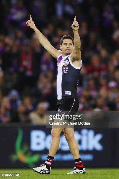 Leigh Montagna of the Saints celebrates a goal during the round 16 AFL match between the St Kilda Saints and the Richmond Tigers at Etihad Stadium on...