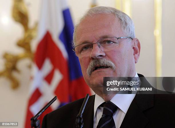 Slovak President Ivan Gasparovic answers to journalist questions on May 12, 2008 at Bratislava's presidental palace after he signed the EU's...