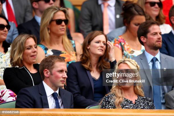 Jason and Laura Kenny look on from the centre court royal box on day six of the Wimbledon Lawn Tennis Championships at the All England Lawn Tennis...