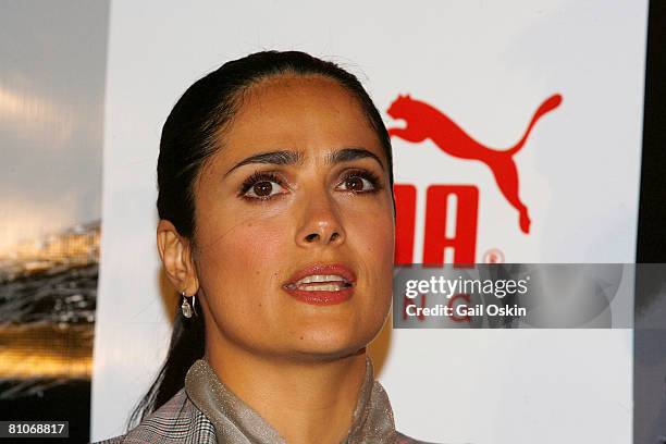 Actress Salma Hayek attends the unveiling of the PUMA Ocean Racing Boat on May 12, 2008 at the Institute of Contemporary Art in Boston, Massachusetts.