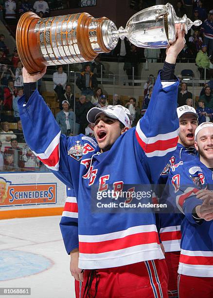 Nazem Kadri of the Kitchener Rangers celebrates winning the OHL Championship against the Belleville Bulls on May 12, 2008 at the Kitchener Memorial...