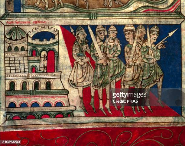 Departure of Charlemagne from Aquisgran to Santiago de Compostela. Calixtinus Codex. XII Century or Liber Sancti Jacobi. Detail. Folio 162v. Archive...