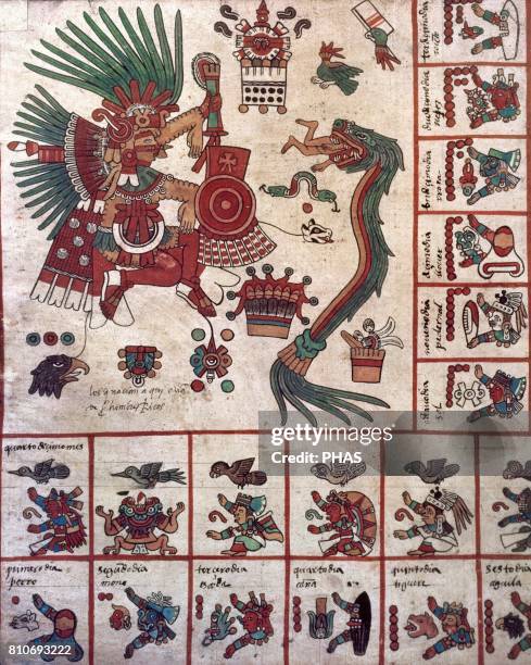 Borbonic Codex or Borgia Codex. Precolumbian Period. Aztecs. Deity Quetzalcoatl. Feathered serpent. Detail of the god Tez-Calipoca and god...