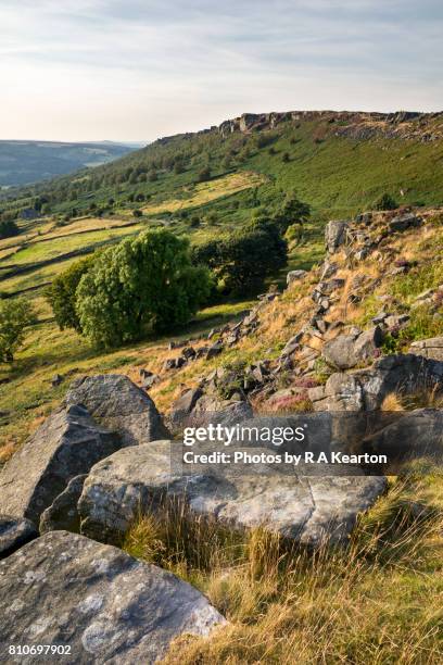 summer evening on baslow edge, peak district, derbyhsire - baslow stock pictures, royalty-free photos & images