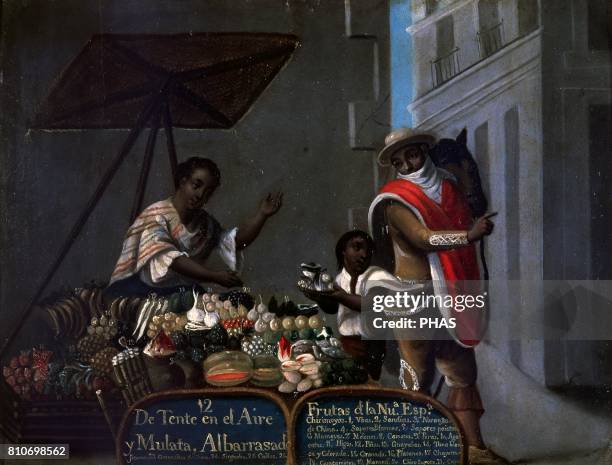 Painting colonial Spanish. 'De Tente en el Aire y Mulata, Albarrasado'. Fruit stand in Mexico. Nueva Espa_a. Painting by Vicente Alban. It belongs to...