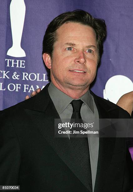 Actor Michael J. Fox poses in the press room during the 23rd Annual Rock and Roll Hall of Fame Induction Ceremony at the Waldorf Astoria on March 10,...