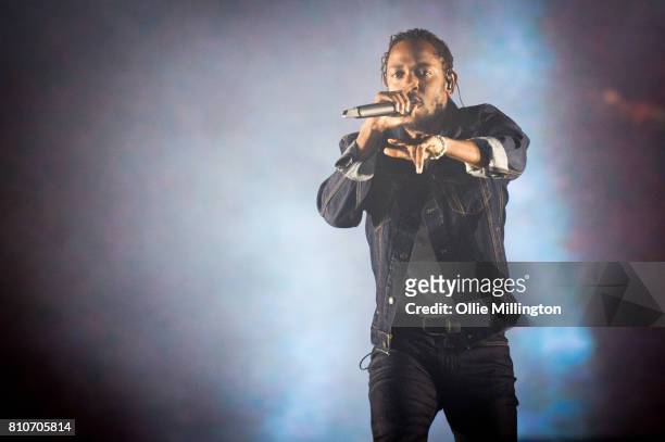 Kendrick Lamar performs onstage headlining Day 2 of the 50th Festival D'ete De Quebec on the main stage at the Plaines D'Abraham on July 7, 2017 in...