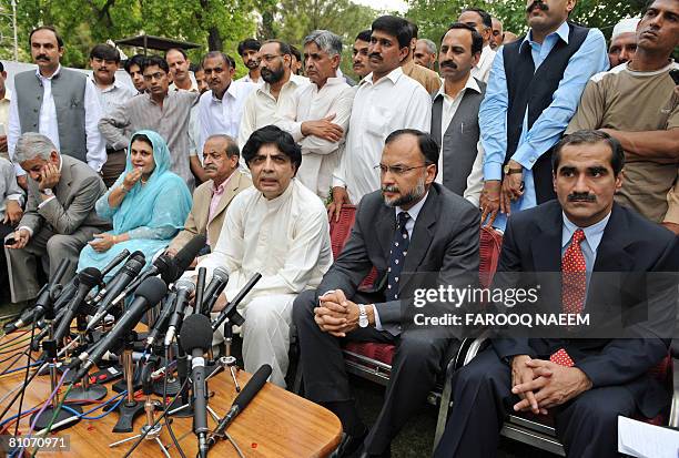Newly resigned federal ministers of former premier Nawaz Sharif's Pakistan Muslim League-Nawaz party, Khawaja Saad Rafique, Ahsan Iqbal, Nisar Ali...